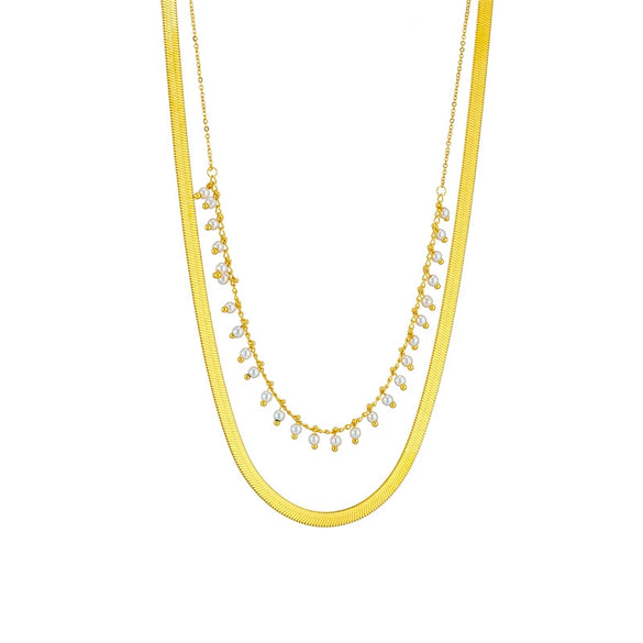Necklace Doublelayer Stacked Chain Pearl Stainless Steel Jewelry Retro Clavicle Chain Electroplating For Women