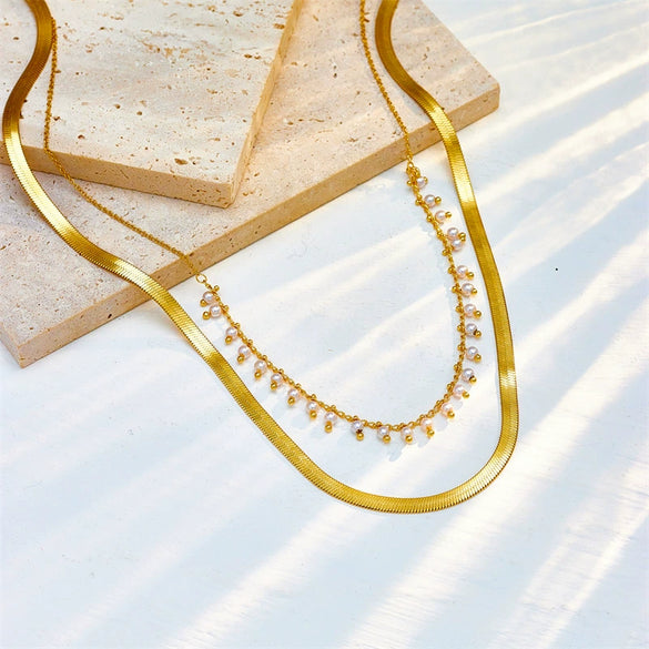 Necklace Doublelayer Stacked Chain Pearl Stainless Steel Jewelry Retro Clavicle Chain Electroplating For Women