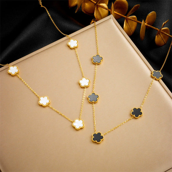 Necklace Fashionable Simple Versatile Twocolor Black And White Flower Goldplated Titanium Steel Chain Jewelry For Women