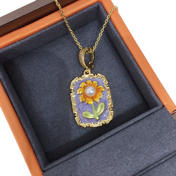Necklace Freshwater Pearl Copper Oil Painting Style Sunflower Pattern Gold Color Preservation Flat Round Rose Buns Round
