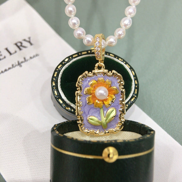 Necklace Freshwater Pearl Copper Oil Painting Style Sunflower Pattern Gold Color Preservation Flat Round Rose Buns Round