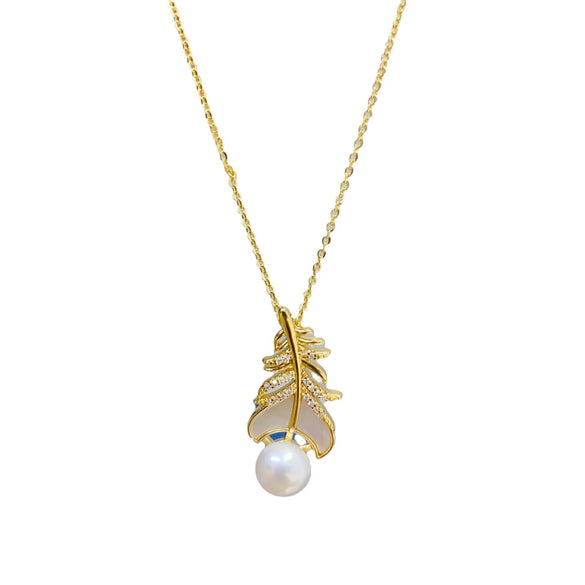 Necklace Freshwater Pearl Feather Natural Seashells Pendant Copper