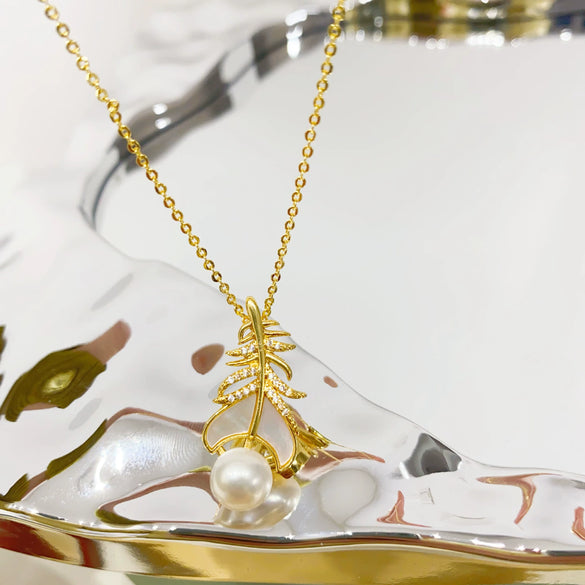 Necklace Freshwater Pearl Feather Natural Seashells Pendant Copper