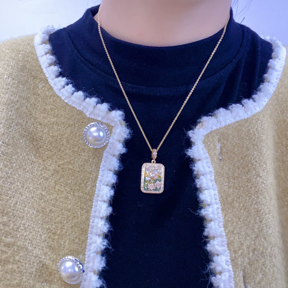 Necklace Freshwater Pearl Monet Garden Middle Ancient Oil Painting Style Square Retro Copper Accessories Special Shape