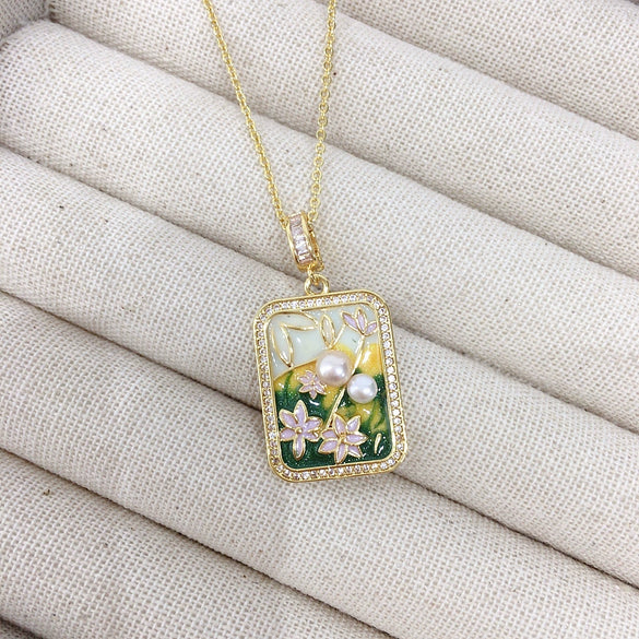 Necklace Freshwater Pearl Monet Garden Middle Ancient Oil Painting Style Square Retro Copper Accessories Special Shape