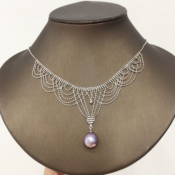 Necklace Freshwater Pearl Retro Lace Multilayer Bean Chain Demon Purple Edison Pearl Pendant Copper Material Perfect Circle Shape