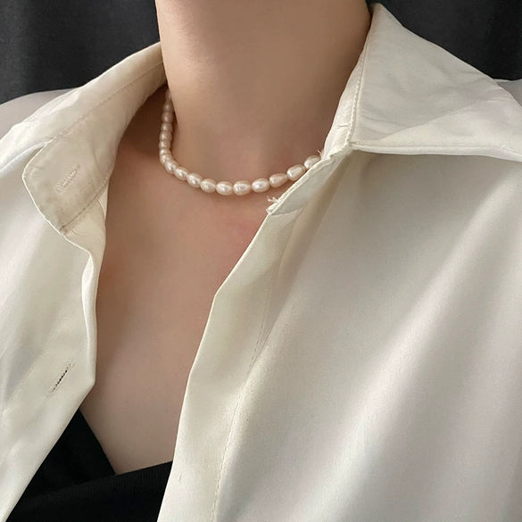 Necklace Freshwater Pearl Titanium Steel Geometric Light Luxury Electroplating Style