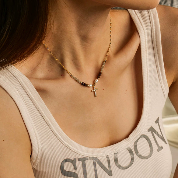 Necklace Freshwater Pearl Zirconium Cross Titanium Steel Geometric Electroplating Jewelry