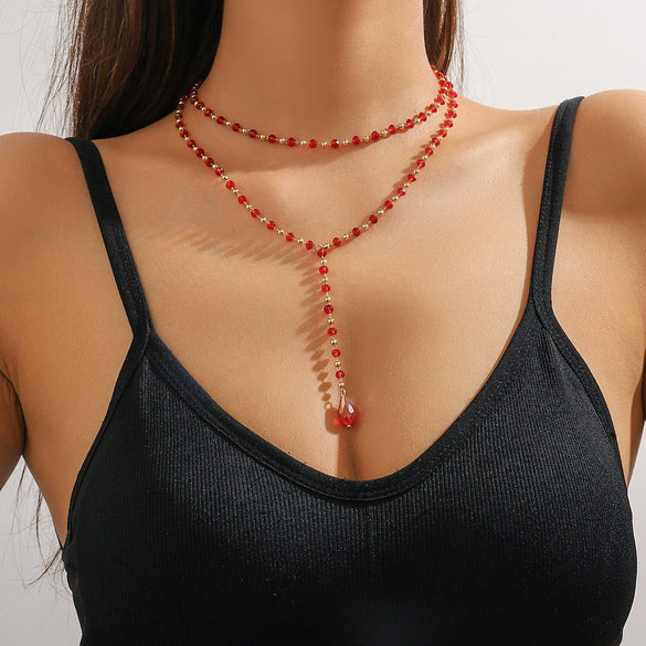Necklace Handmade Beaded Doublelayer Artificial Crystal Red Retro Geometric Ochain Electroplated For Women