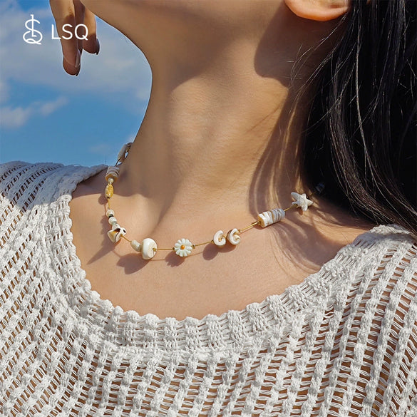 Necklace Handmade Bohemian Style Woven Rope Natural Shell With Geometric Pendant Accessories