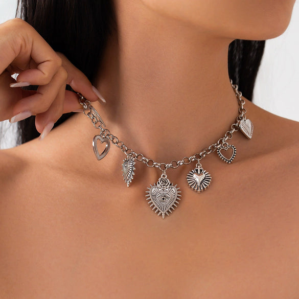 Necklace Hiphop Retro Iron Chain Alloy Heart Bow Geometric Electroplating