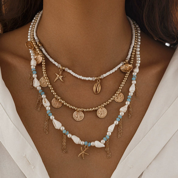 Necklace Imitation Pearl Alloy Starfish Shell Tassel Geometric Electroplating Women's