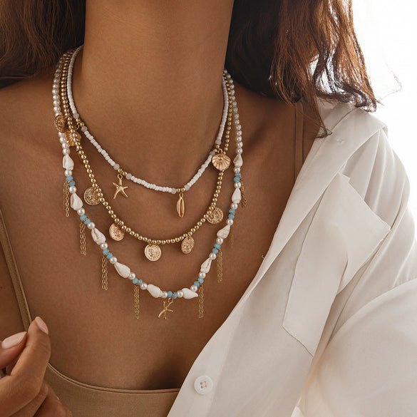 Necklace Imitation Pearl Alloy Starfish Shell Tassel Geometric Electroplating Women's
