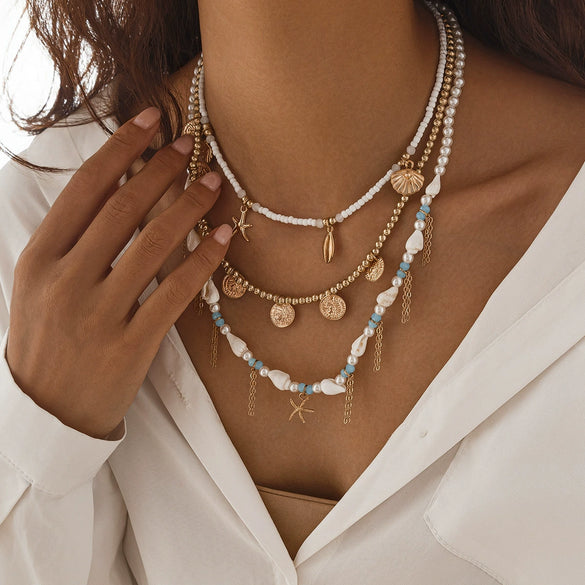 Necklace Imitation Pearl Alloy Starfish Shell Tassel Geometric Electroplating Women's