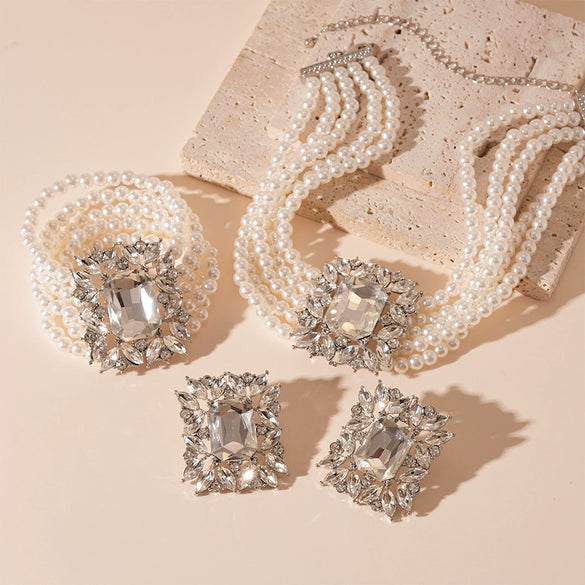 Necklace Imitation Pearl Diamondencrusted Geometric Clavicle Chain For Women