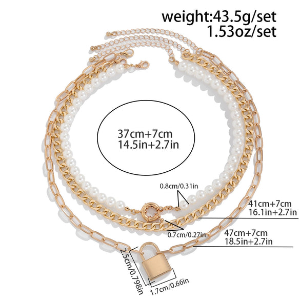 Necklace Imitation Pearl Iron Chain Alloy Geometric Metal Lock Pendant Electroplating Women's Highend Style