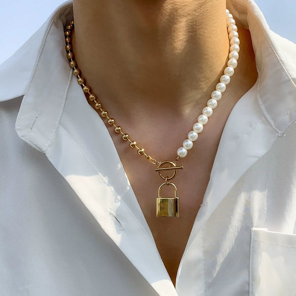 Necklace Imitation Pearl Iron Chain Alloy Geometric Metal Lock Pendant Electroplating Women's Highend Style