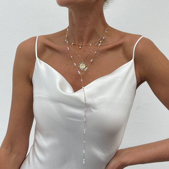 Necklace Imitation Pearl Metal Geometric Sunflower Pendant Electroplating Women's