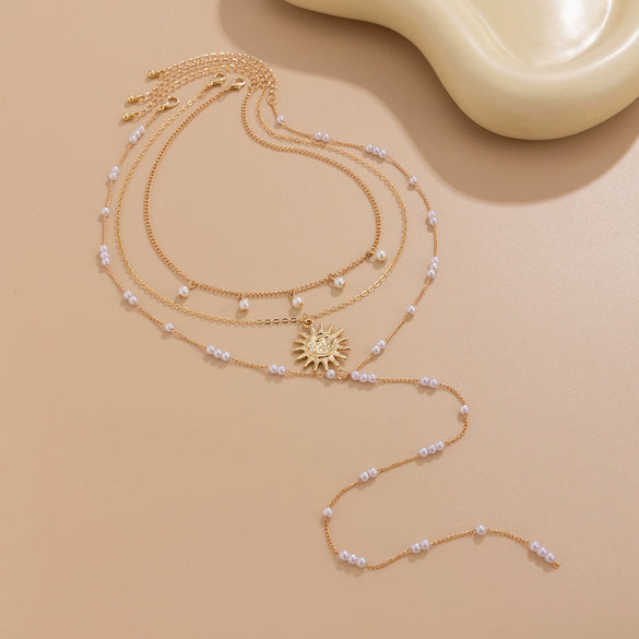 Necklace Imitation Pearl Metal Geometric Sunflower Pendant Electroplating Women's