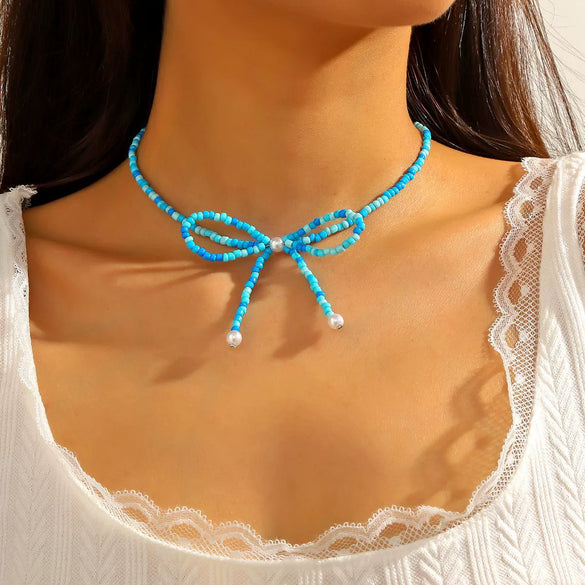 Necklace Imitation Pearl Rice Beads Bow Geometric Electroplating Small Fresh Style Women's