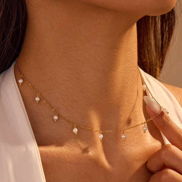Necklace Imitation Pearl Tassel Stainless Steel Geometric Electroplated