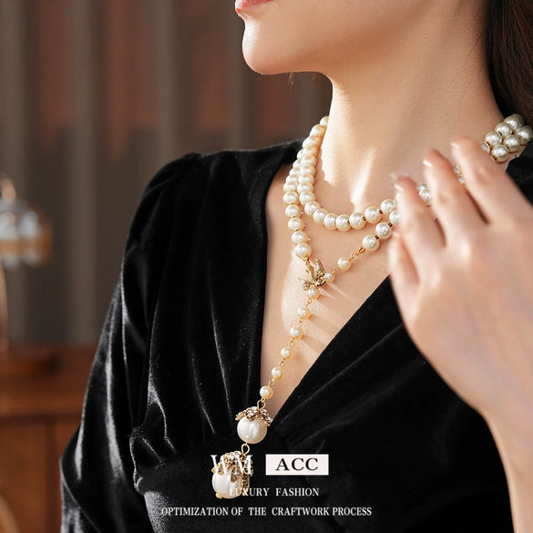 Necklace Imitation Pearls Diamondencrusted Flower Bird Pattern Clavicle Chain For Women French Retro Light Luxury