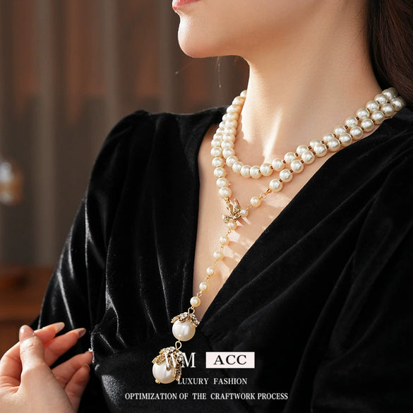 Necklace Imitation Pearls Diamondencrusted Flower Bird Pattern Clavicle Chain For Women French Retro Light Luxury