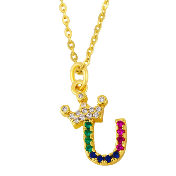 Necklace Jewelry Copper Plated 18K Gold Crown Ushaped Geometric Letters Numbers Text Inlaid Zircon Pendant