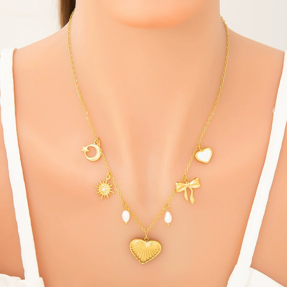 Necklace Jewelry Freshwater Pearl Heart Shape Geometric Titanium Steel Electroplated 18K Real Gold Pendant Clavicle Chain For Women