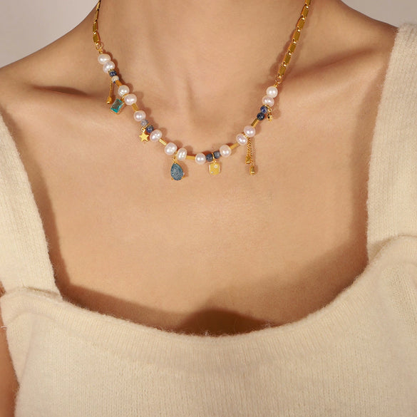 Necklace Jewelry Handmade 316L Stainless Steel Gold Plated Freshwater Pearl Natural Stone Geometric Style