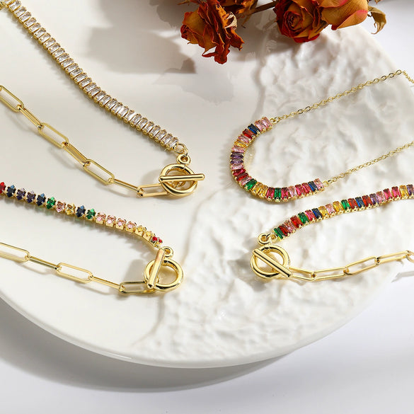 Necklace Jewelry Zircon And Organic Glass Rhombus Geometric Inlaid Simple Style For Women Ochain