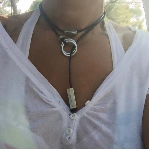 Necklace Leather Alloy Geometric Doublecircle Tassel Handmade