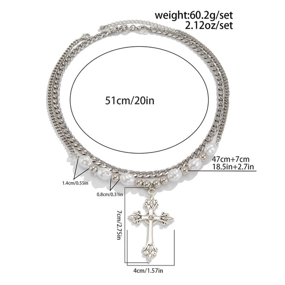Necklace Men's Hiphop Imitation Pearl Cross Titanium Steel Alloy Geometric Handmade Jewelry