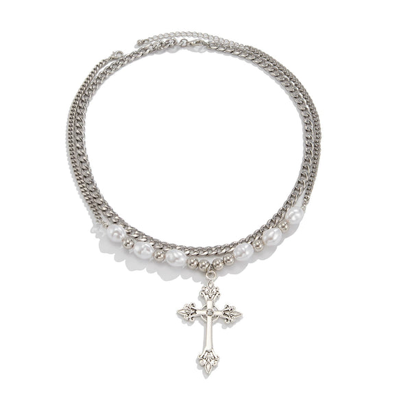 Necklace Men's Hiphop Imitation Pearl Cross Titanium Steel Alloy Geometric Handmade Jewelry