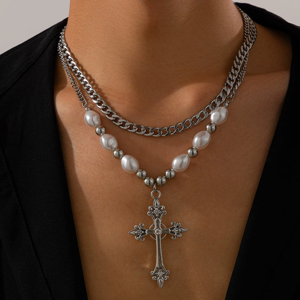 Necklace Men's Hiphop Imitation Pearl Cross Titanium Steel Alloy Geometric Handmade Jewelry