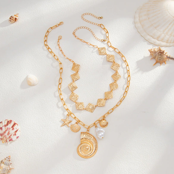 Necklace Metal Alloy Imitation Pearl Iron Sheet Animal Zodiac Geometric Starfish Scallop Shell Conch Electroplating