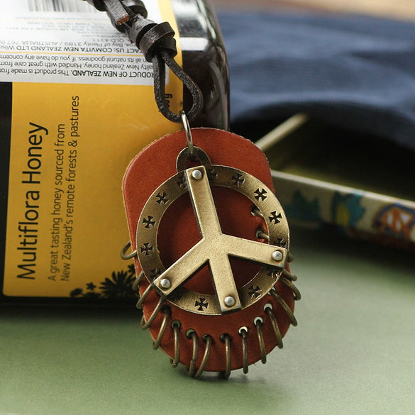Necklace Metal Bronze Peace Symbol Geometric Leather Fuel Injection Pendant