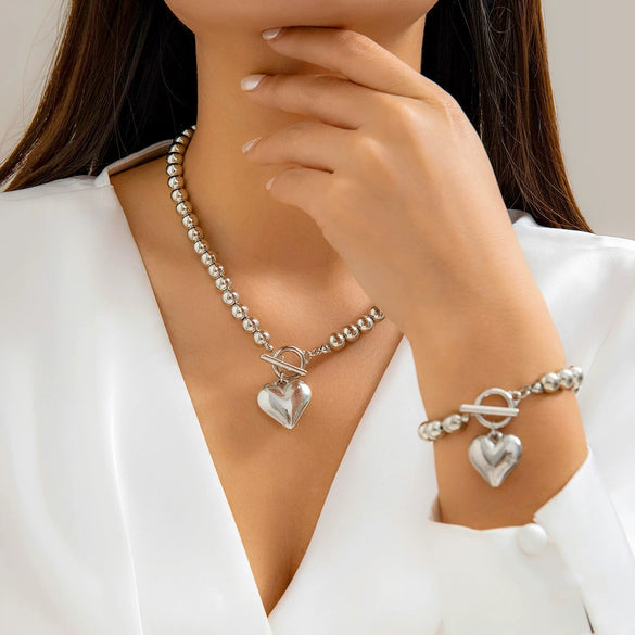 Necklace Metal Imitation Pearl Plastic Heart Shaped Ball Chain Electroplated