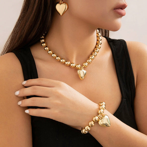 Necklace Metal Imitation Pearl Plastic Heart Shaped Ball Chain Electroplated