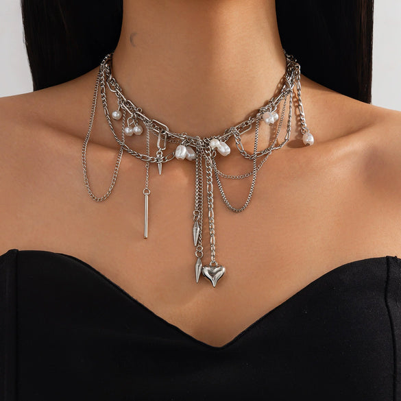 Necklace Metal Rivet Love Pendant Tassel Iron Chain Alloy Imitation Pearl Stainless Steel Ribbed Pendant Heart Shape Geometric Electroplating