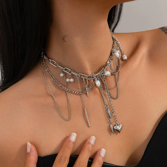 Necklace Metal Rivet Love Pendant Tassel Iron Chain Alloy Imitation Pearl Stainless Steel Ribbed Pendant Heart Shape Geometric Electroplating