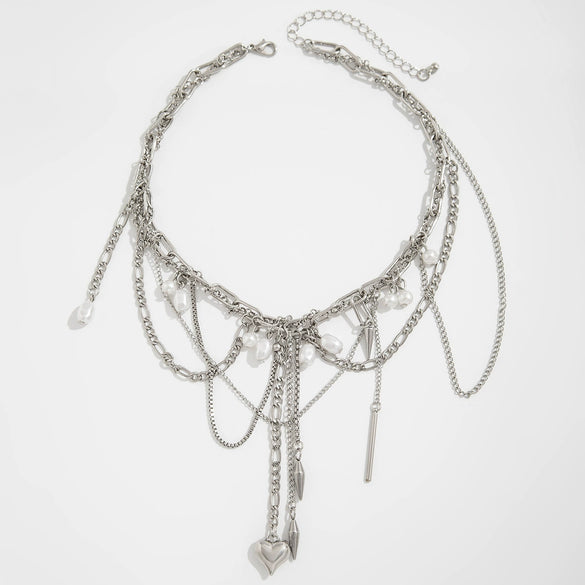 Necklace Metal Rivet Love Pendant Tassel Iron Chain Alloy Imitation Pearl Stainless Steel Ribbed Pendant Heart Shape Geometric Electroplating