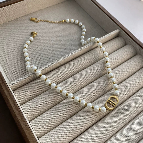 Necklace Multilayer Baroque Imitation Pearl Ball Chain Titanium Steel Geometric Electroplating Women