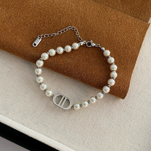 Necklace Multilayer Baroque Imitation Pearl Ball Chain Titanium Steel Geometric Electroplating Women