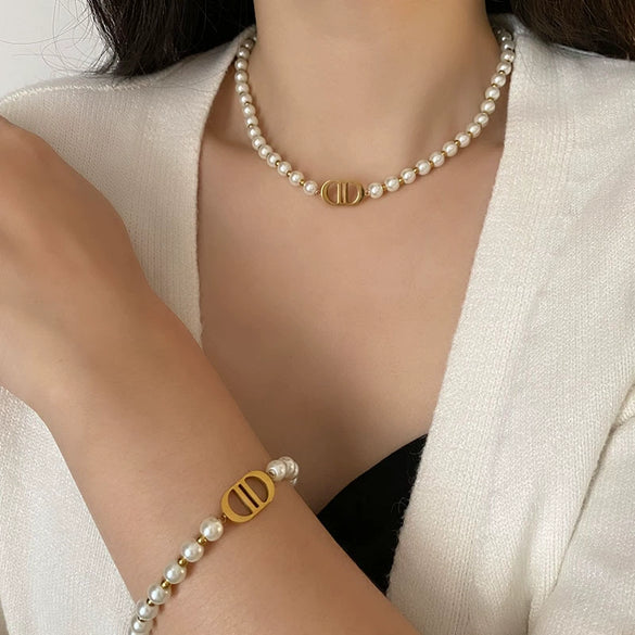 Necklace Multilayer Baroque Imitation Pearl Ball Chain Titanium Steel Geometric Electroplating Women