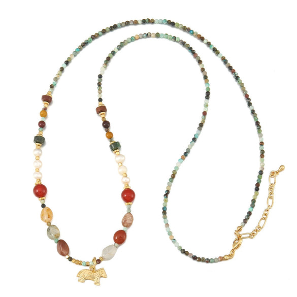 Necklace Natural African Turquoise Freshwater Pearl Czech Beads Vintage Animals Style Handmade With African Pine Hair Crystal Red Agate Copper