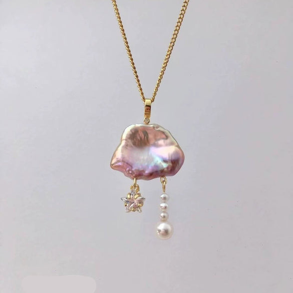 Necklace Natural Baroque Pearl Moon Star Pendant Copper Electroplating