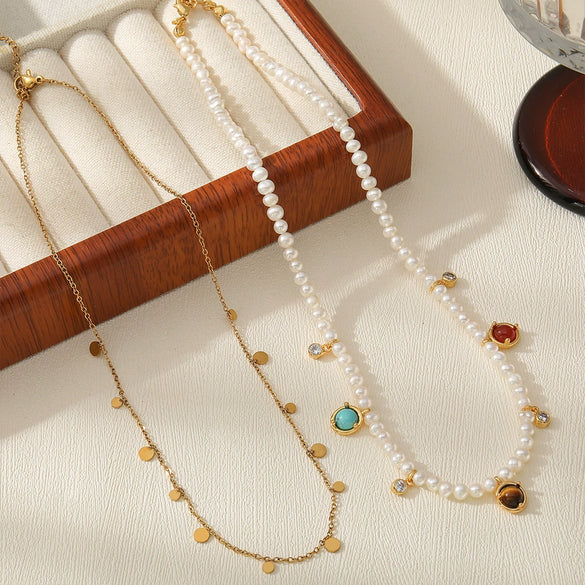 Necklace Natural Freshwater Pearl Red Agate Blue Pine Tiger Eye Stone Copper Shell Handmade Geometric French Vintage Style