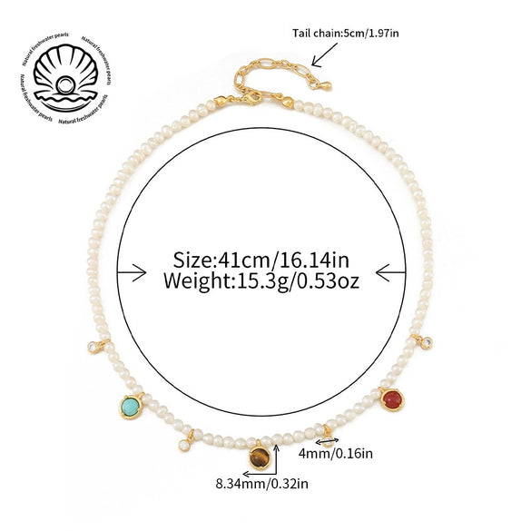 Necklace Natural Freshwater Pearl Red Agate Blue Pine Tiger Eye Stone Copper Shell Handmade Geometric French Vintage Style