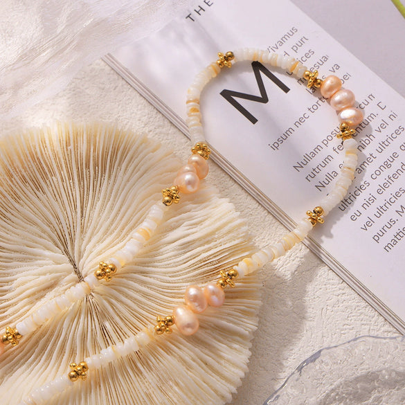 Necklace Natural Freshwater Pearl Shell Beaded 316L Stainless Steel 18K Gold Plated Geometric Sweet Design